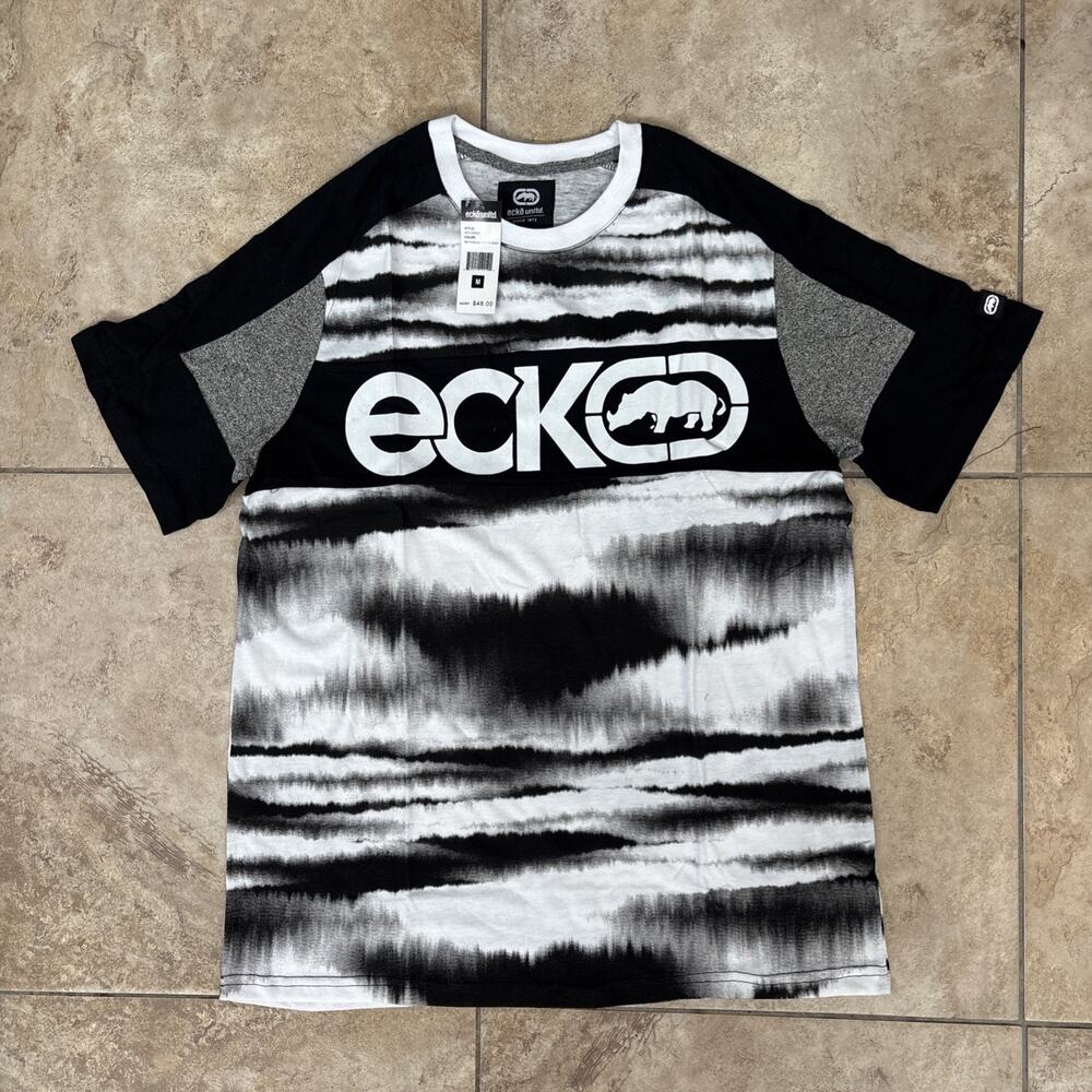 Ecko Unltd Black Tie Dye Skies Logo TShirt Men's Size M Skater Grunge Streetwear